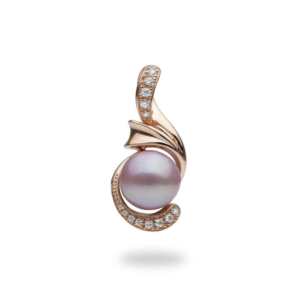 14K Rose Gold Pink Freshwater Cultured Windsor Pearl and Diamond Trio Leaf  Pendant (13.0-14.0mm)