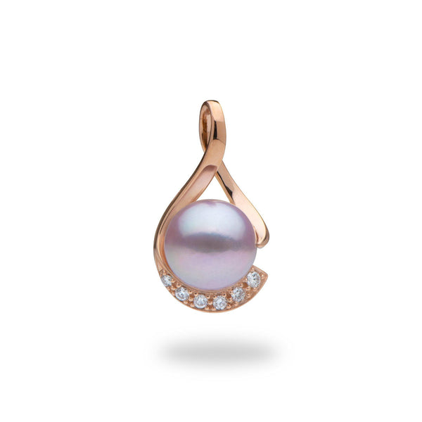 14K Rose Gold Pink Freshwater Cultured Windsor Pearl and Diamond Trio Leaf  Pendant (13.0-14.0mm)