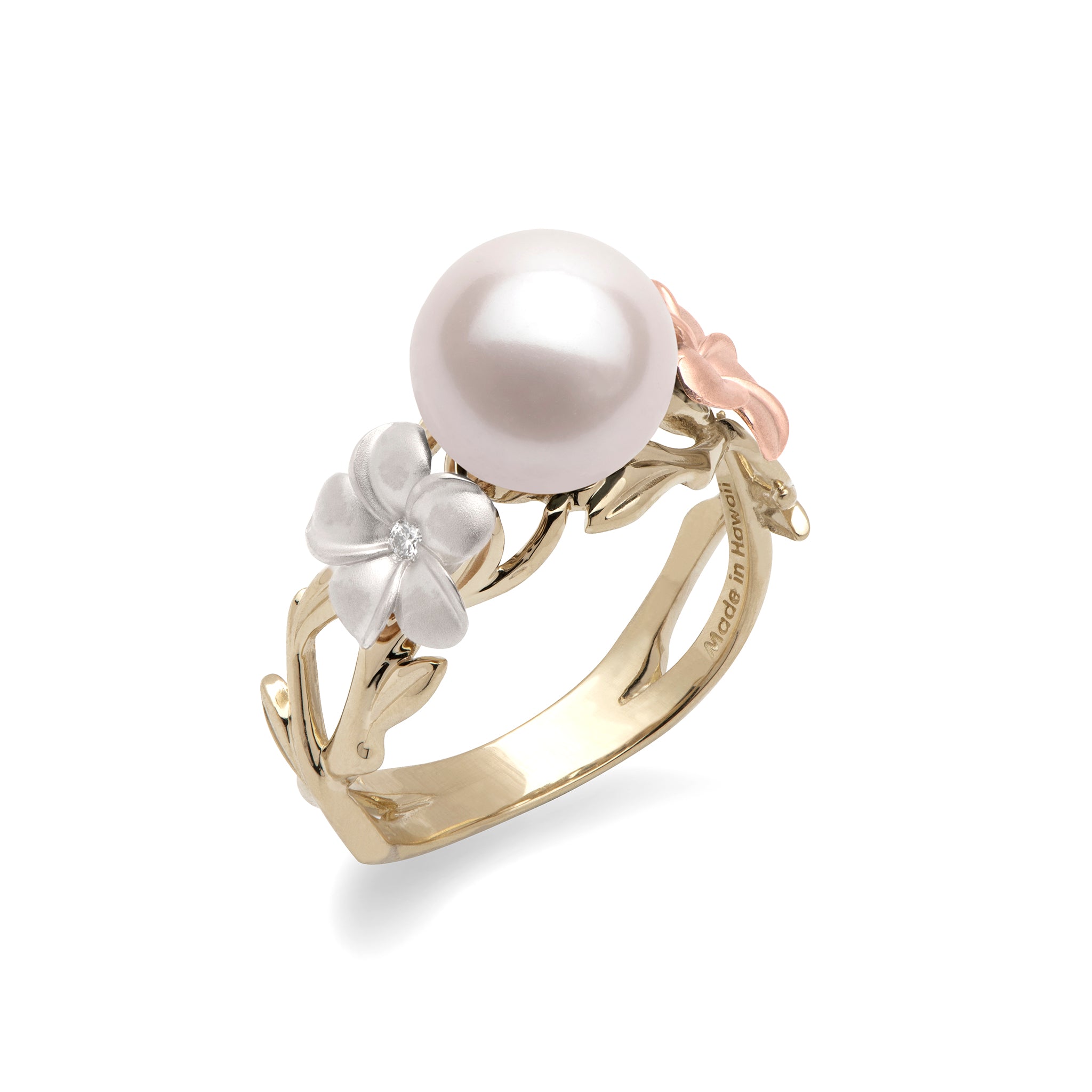 Pearls in Bloom Akoya Pearl Ring in Tri Color Gold with Diamonds - 8mm ...