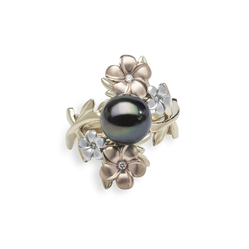 Pearls in Bloom Tahitian Black Pearl Ring in Tri Color Gold with Diamo ...