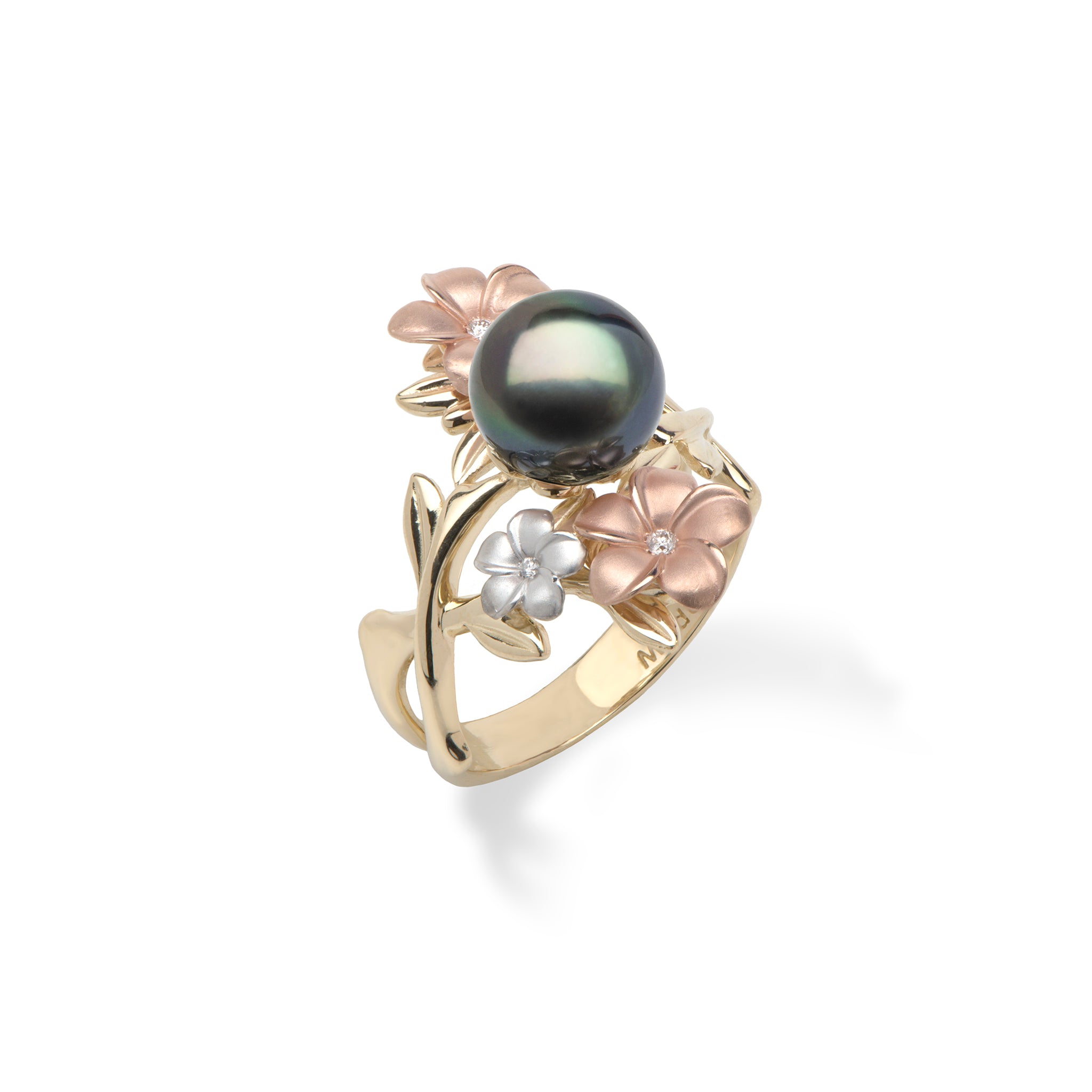 Plumeria Tahitian Black Pearl Ring Rose, White, Yellow Gold Diamonds