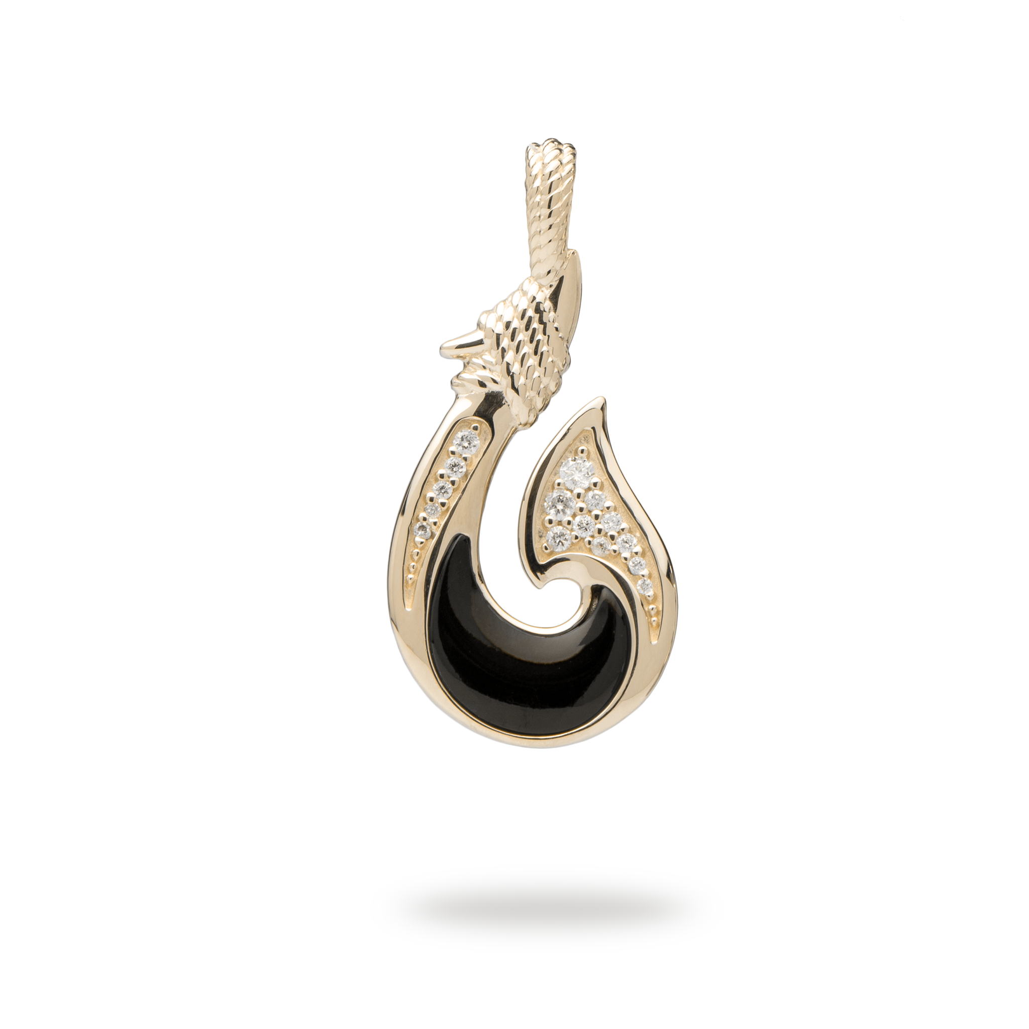 Unisex Fish Hook Black Coral Pendant in Gold with Diamonds