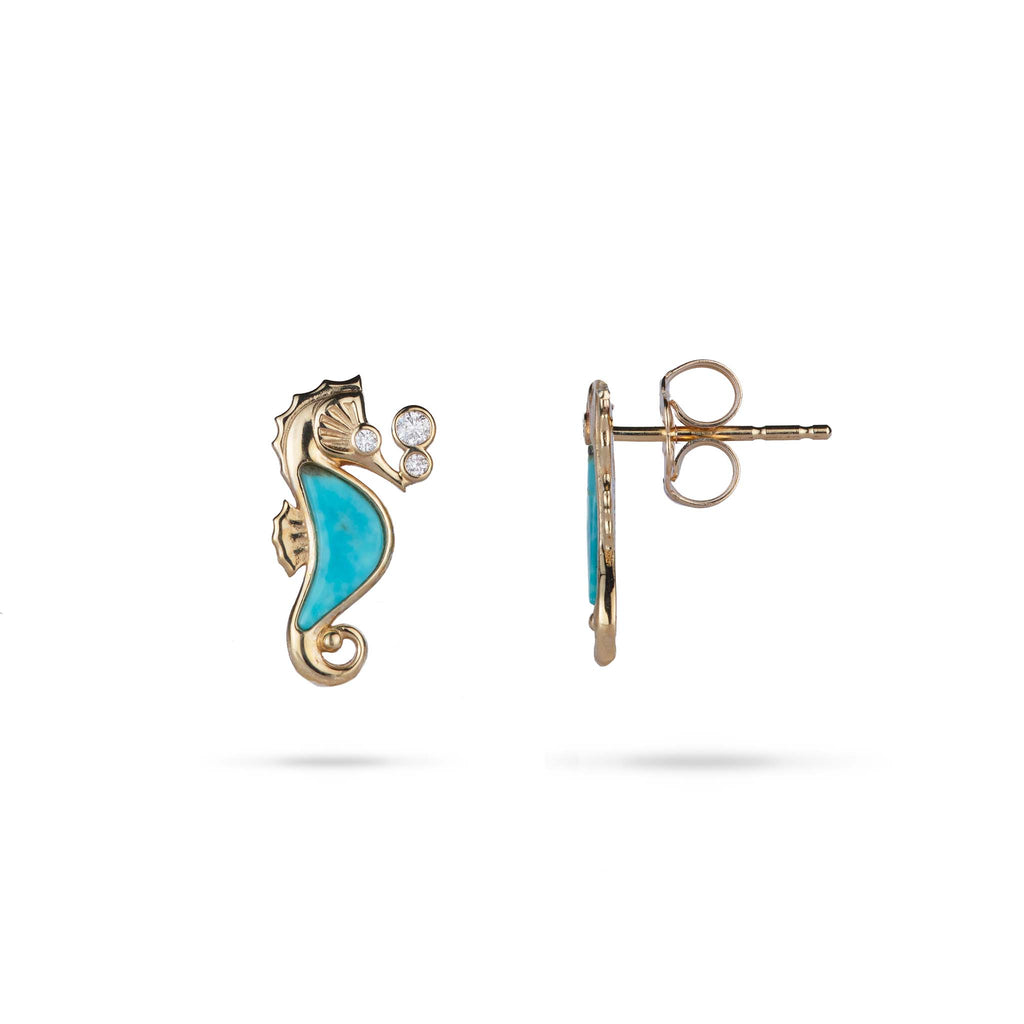 Sealife Seahorse Turquoise Earrings in Gold with Diamonds - 15mm – Maui ...