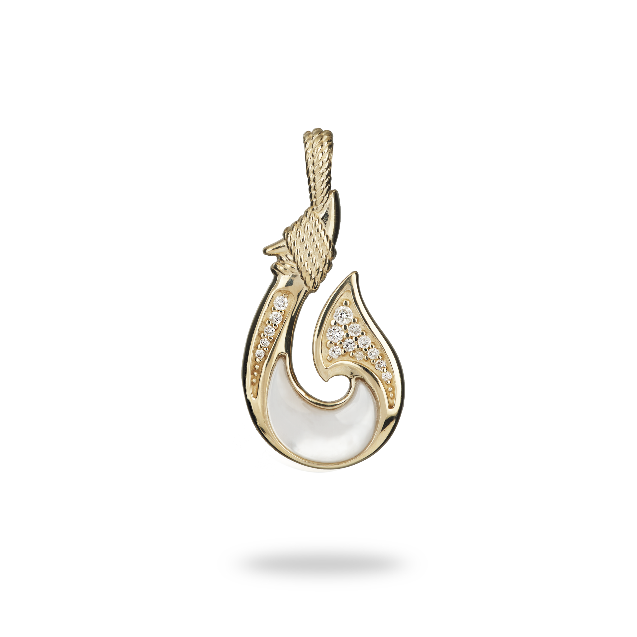 Fish Hook Mother of Pearl Pendant in Gold with Diamonds - 27mm