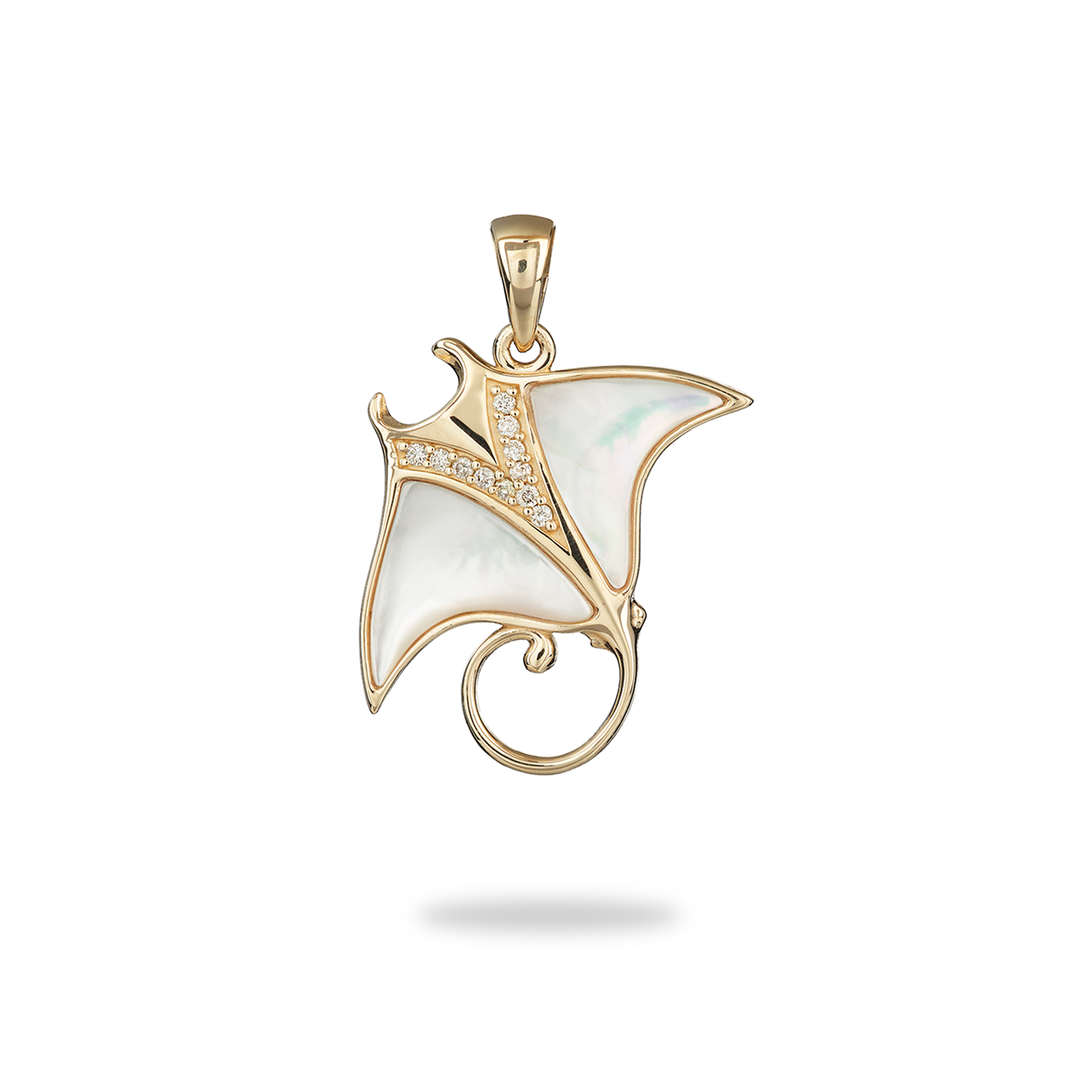 Manta Ray Mother of Pearl Pendant in Gold with Diamonds - 21mm- Made in Hawaii