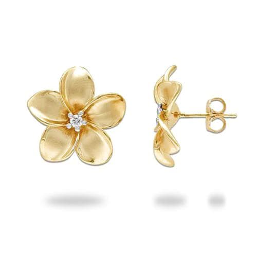 Plumeria Earrings in Gold with Diamonds - 9mm – Maui Divers Jewelry