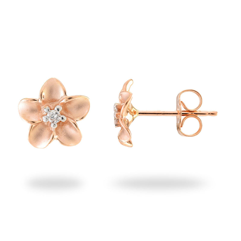 Plumeria Earrings in Rose Gold with Diamonds - 9mm-Maui Divers Jewelry