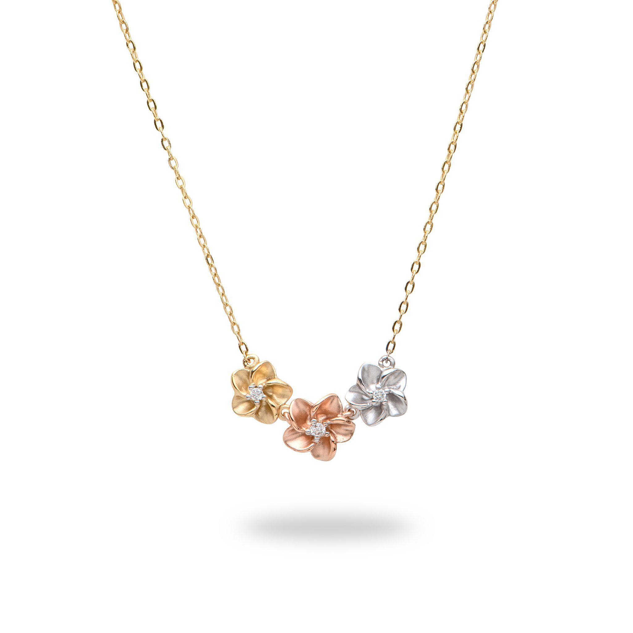 Plumeria Necklace with Diamonds in 14K Tri-Color Gold