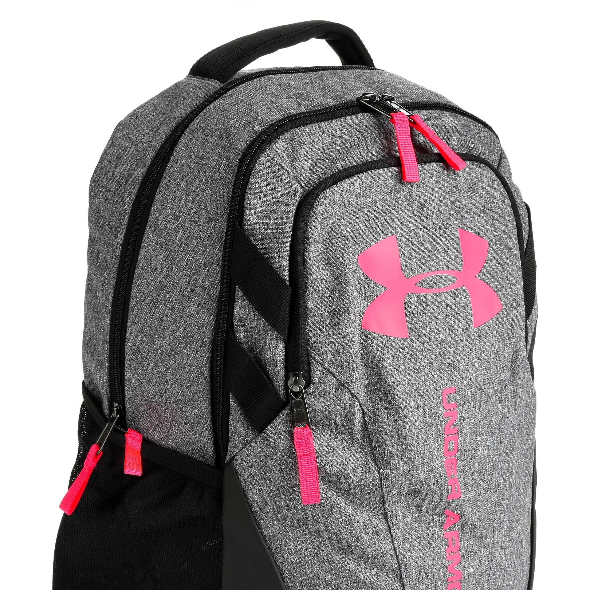 gray and pink backpack