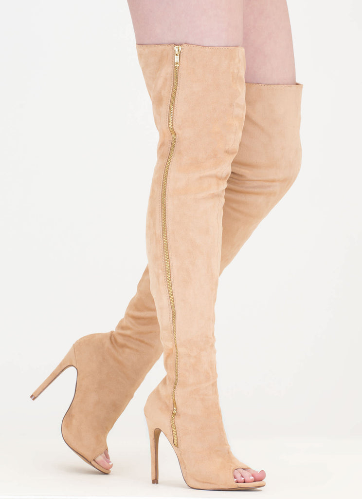 Camel Suede Side Zipper Thigh-High Peep 