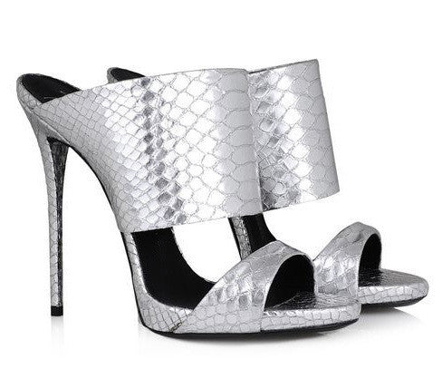 silver high heel mules