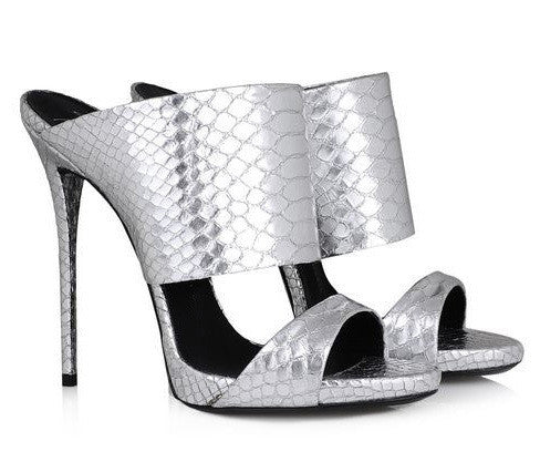 shiny silver high heels