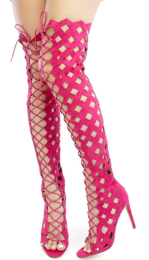 pink lace up thigh high boots