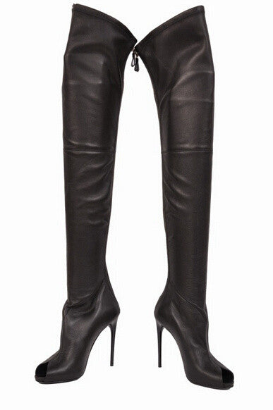 black peep toe thigh high heeled boots