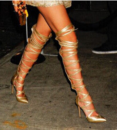 gold strappy thigh high heels