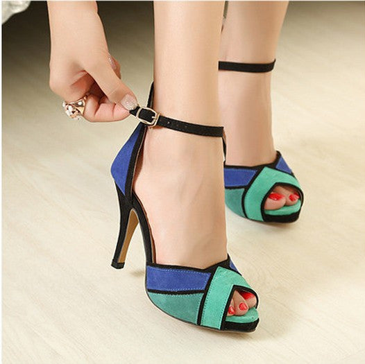 multi colored peep toe heels