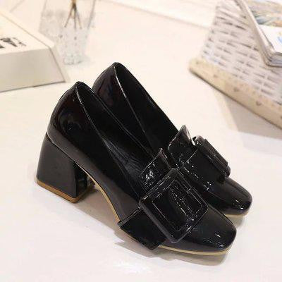 black patent block heel pumps