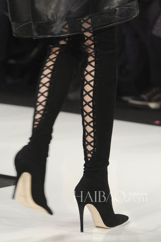 black lace up thigh high boots