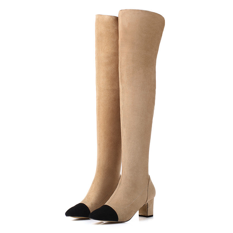 Square Low Heel Nubuck Leather Thigh 