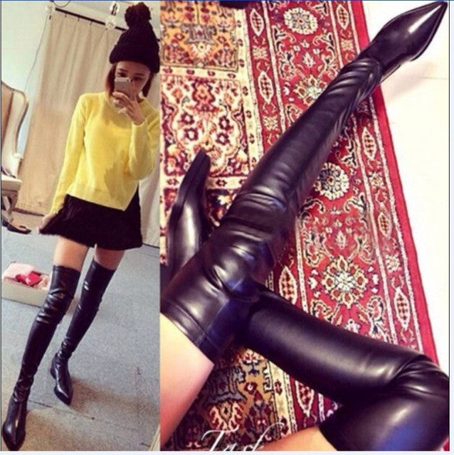 Stretch PU Leather Thigh High Pointed 