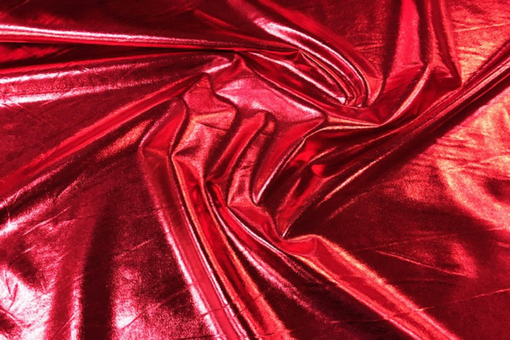 Sunrise Red Liquid Foil Spandex | Rainbow Fabrics Sydney