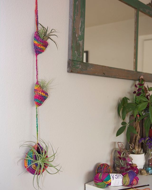 Multicolored Knitted air plant hanger hanging on a white wall next to a white shelf holding balls of yarn and a house plant