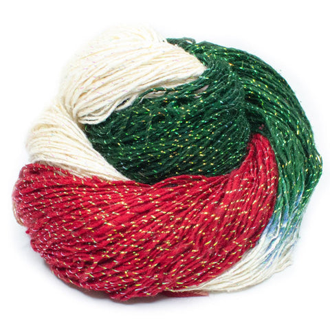 A close up image of a nest of white, red, and green sparkle lace weight silk yarn on a white background