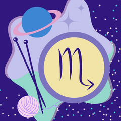Scorpio zodiac symbol in a purple and green space scene with crafting supplies and Saturn floating next to it.