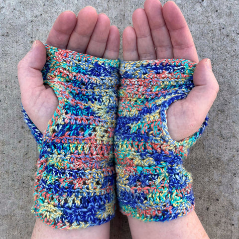 A palm view of the Star-Crossed Stitched Fingerless Mits - Made using Darn Good Twist Sport Weight Silk Yarn