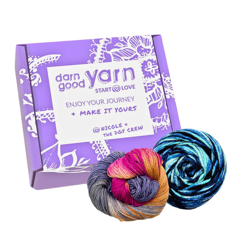 Darn Good Yarn of the Month Club box with February's Yarn 'Outback Oasis' and January's Yarn 'Hot Springs'