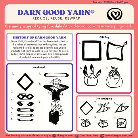 Darn Good Yarn - Reduce, Reuse, Rewrap Instructions for Furoshiki Cloth - Page 2 showing alternate headband instructions, gift bag instructions and gift wrapping instructions + the history of Darn Good Yarn.