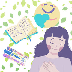 A woman expressing thanks and gratitude next to a journal, colorful markers, and a smiley face.