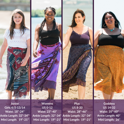 A size chart of DGY's skirt sizes and lengths, being displayed by our gorgeous models. Our junior size (waist: 18"-24", ankle length: 32"-34", mini length: 19"-21"), our women's size (waist: 23"-40", ankle length: 32"-34", mini length: 19"-21"), our plus size (waist: 28"-46", ankle length: 32"-34", mini length: 19"-21"), and our goddess size (waist: 35"-60", ankle length: 40", mini length: 26"). 