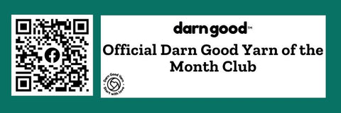 A teal button with a QR code that if clicked or scanned will bring you to the DGY- Official Darn Good Yarn of the Month Club Facebook Group