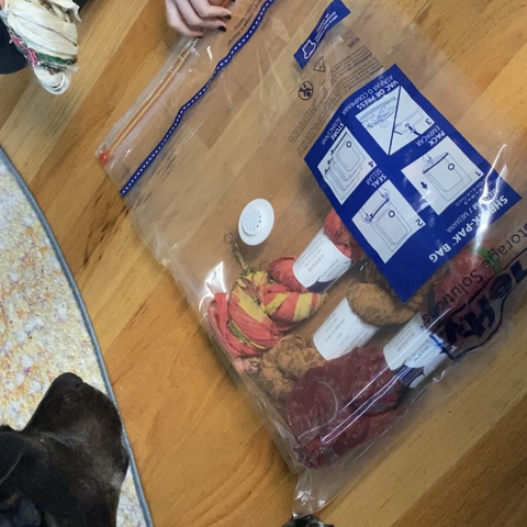 A black puppy is watching as their owner places skeins of chiffon yarn into a clear and blue vacuum sealable bag.