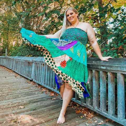 Sedona patchwork dress on a plus sized model.