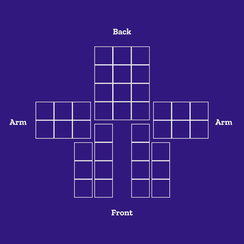 A purple background with white squares, symbolizing where the colorful patches need to be sewn together.