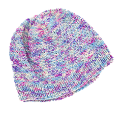A beanie crochet from white, blue, and pink handmade yarn