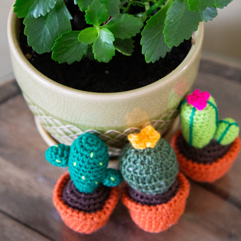 Three stuffed cacti (called amigurumi) are placed on a wooden table, next to a large grey ceramic planter.