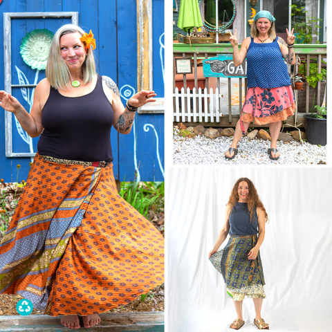 A collage of three different women, wearing multicolored sari wrap skirts in different lengths. 