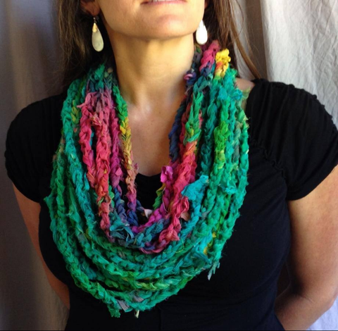 Close up of woman wearing Easy Peasy Chain Scarf and a black t shirt