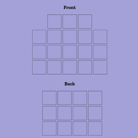 On a light purple background,  grid template of the front and the back of the granny square top is laid out to show how many squares are needed for the top.