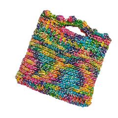 A tall clutch made from thick rainbow and white yarn.