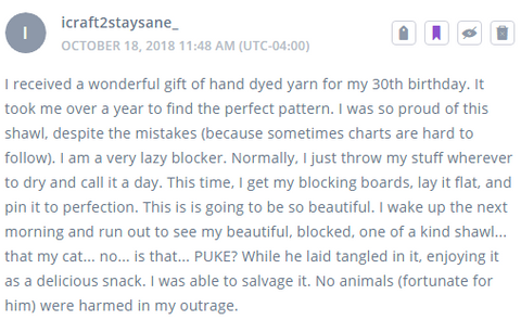 Text box with a long story about someone's blocked sweater getting ruined by cat puke