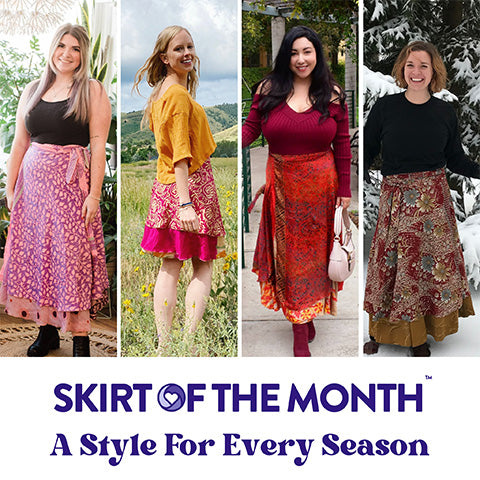 A montage of four women wearing different Sari Wrap Skirts throughout the four seasons.