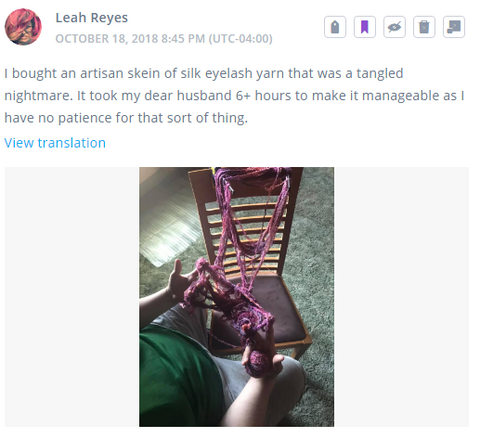 image of a tangled mess of pink yarn strung over a wooden chair and a text box with a long story about lace weight eyelash yarn being so tangled it was nearly unusable