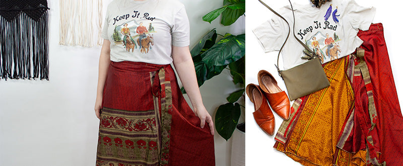 western graphic t-shirt with red sari wrap skirt styled with brown shoes and an olive bag