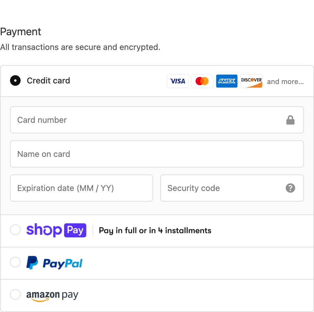 Payment section of Darn Good Yarn checkout. Includes credit card entry form and express checkout options Shop Pay, PayPal and Amazon Pay.