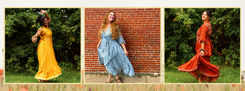 Montage of three women wearing gorgeous flowing Zaria Wrap Dresses in a variety of settings: one outdoors in a green field, one in front of a brick wall and one outdoors in a green field.