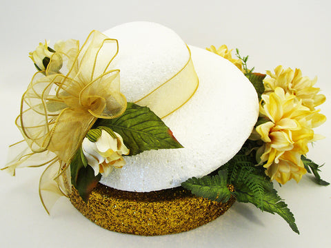 White brim hat with gold silk flowers centerpiece - Designs by Ginny
